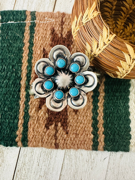 Sterling Silver & Turquoise Flower Cluster Cuff Bracelet /