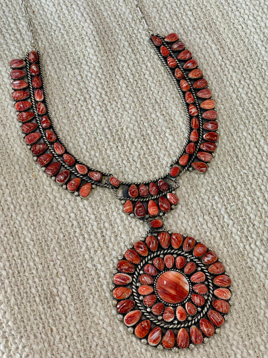 Handmade Sterling Silver & Red Spiny Cluster Necklace