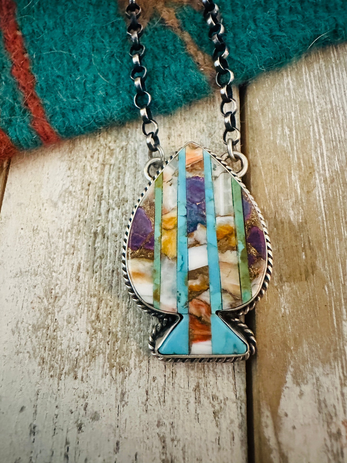 Handcrafted Sterling Silver & Multi Stone Inlay Spade Necklace