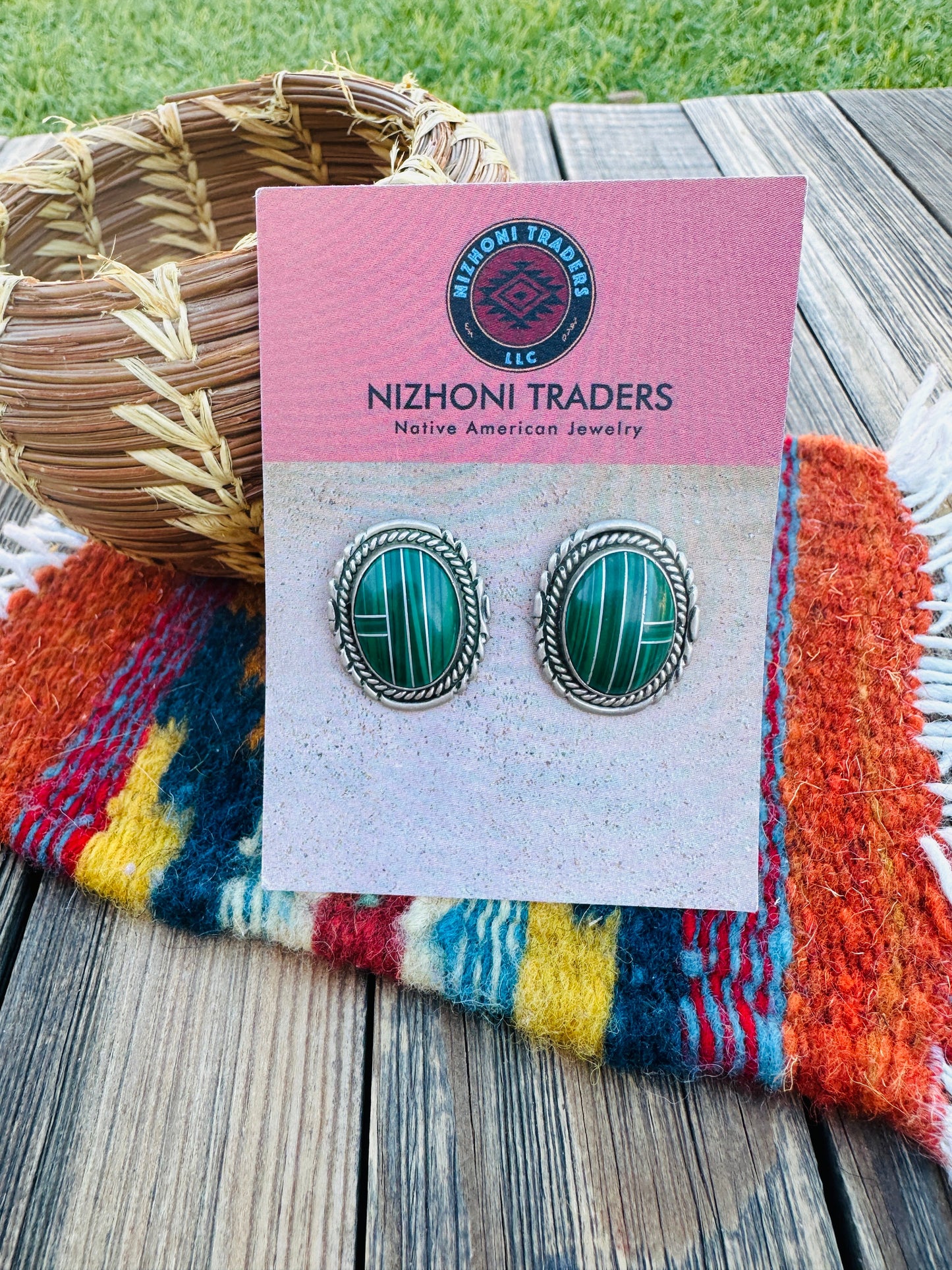 Handcrafted Old Pawn Sterling Silver & Malachite Inlay Post Earrings