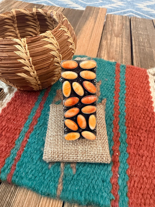 Handcrafted Orange Spiny Oyster & Sterling Silver Cluster Adjustable Ring by Jacqueline Silver