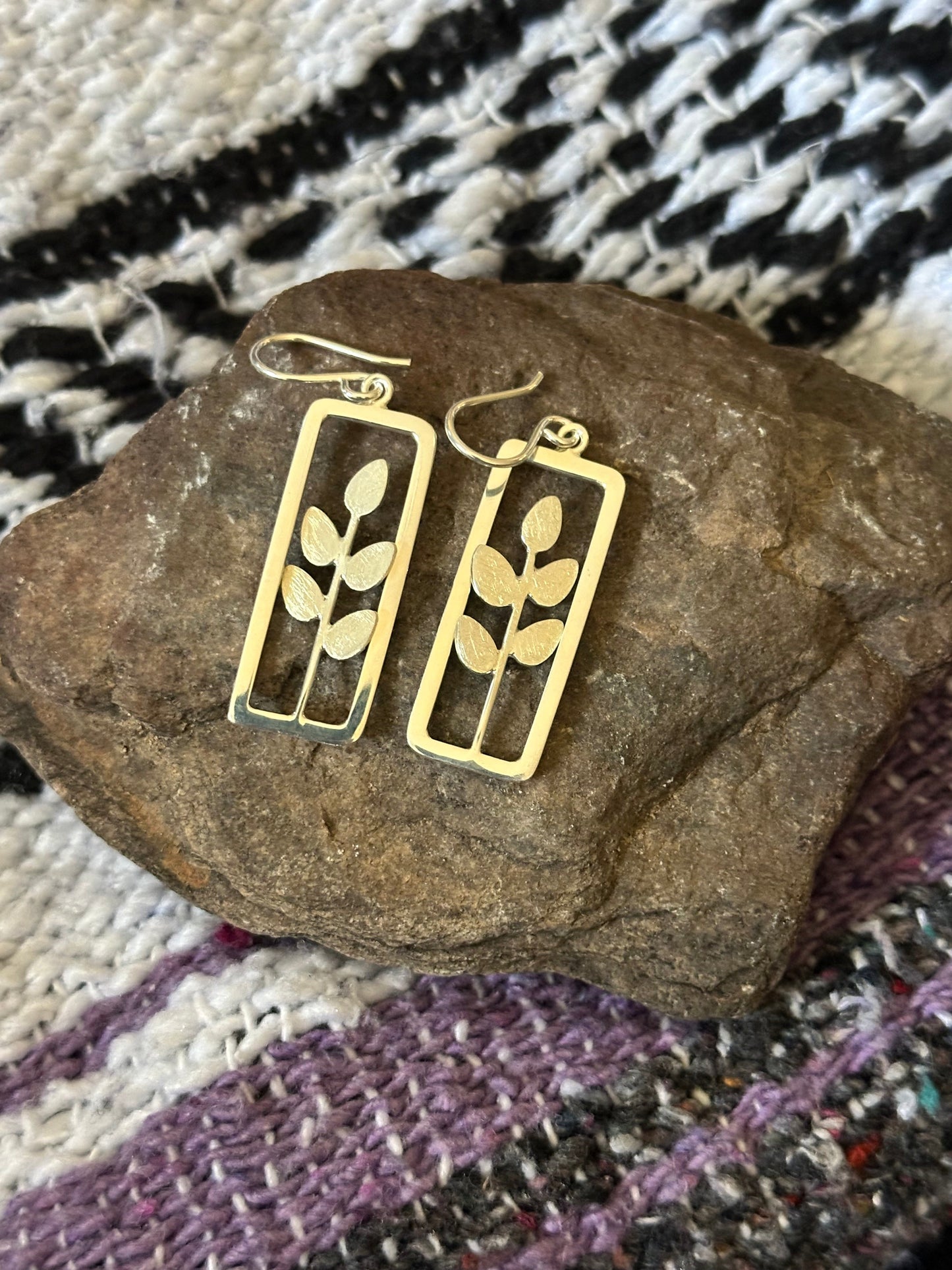 Leaves on Window Pane Sterling Silver Earrings on Hook