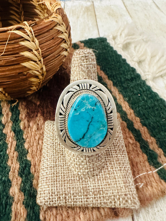Old Pawn Handcrafted Turquoise & Sterling Silver Ring Size 8