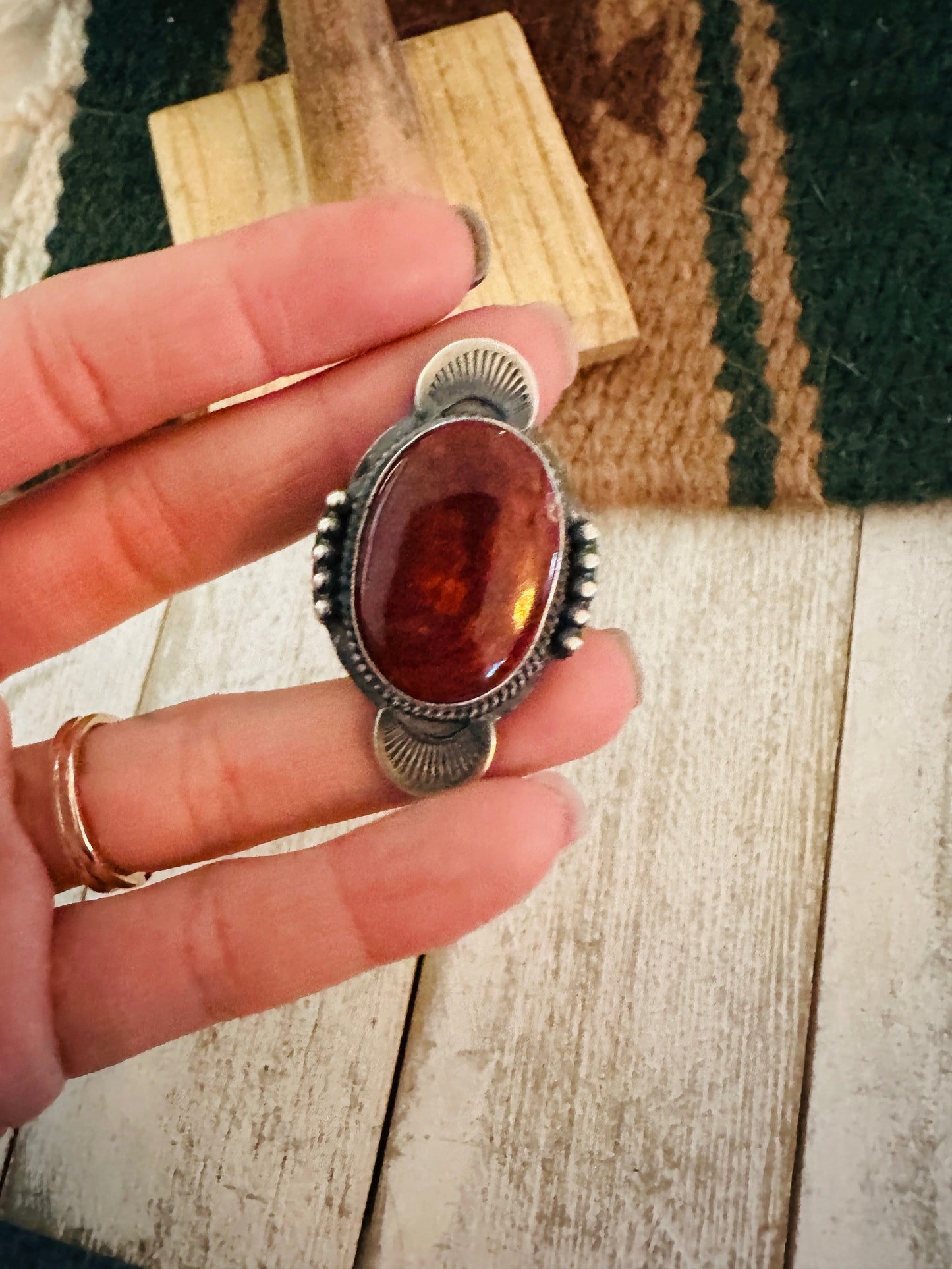 Handcrafted Orange Spiny & Sterling Silver Ring Size 7