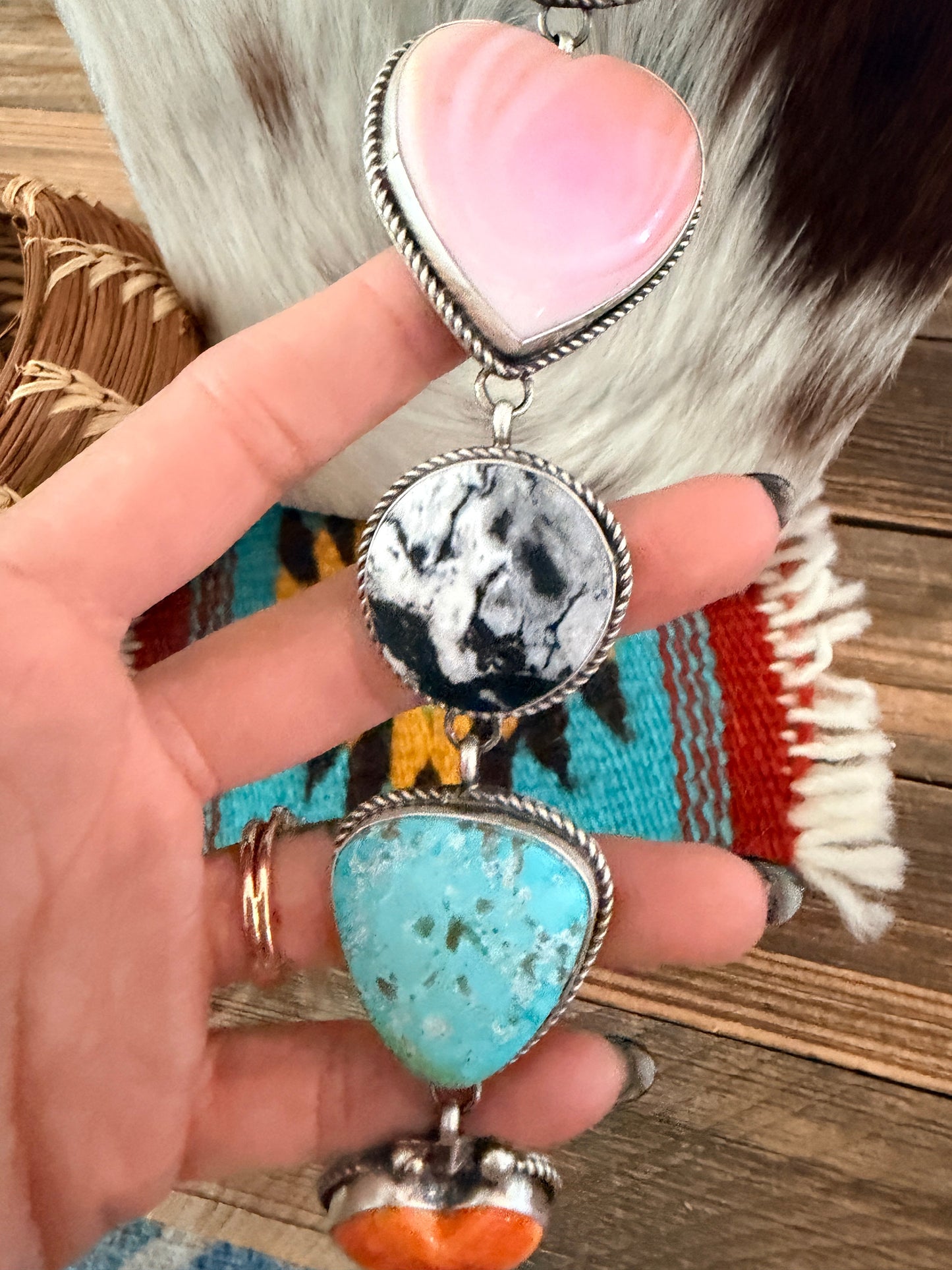 Handcrafted Multi Stone Heart & Sterling Silver Lariat Necklace by Vicky Hicks