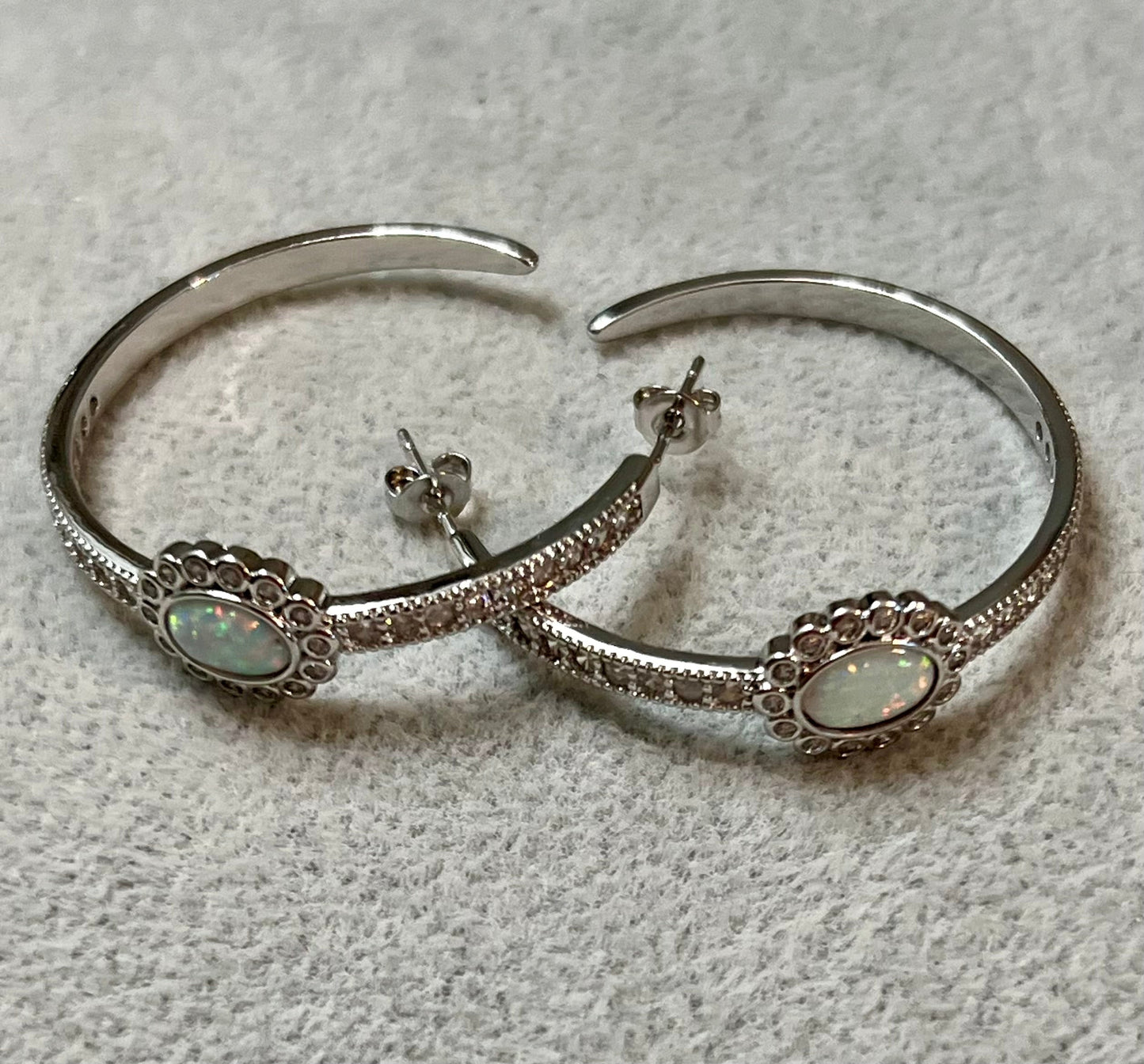 CZ Studded Opal Hoop Earrings Silver