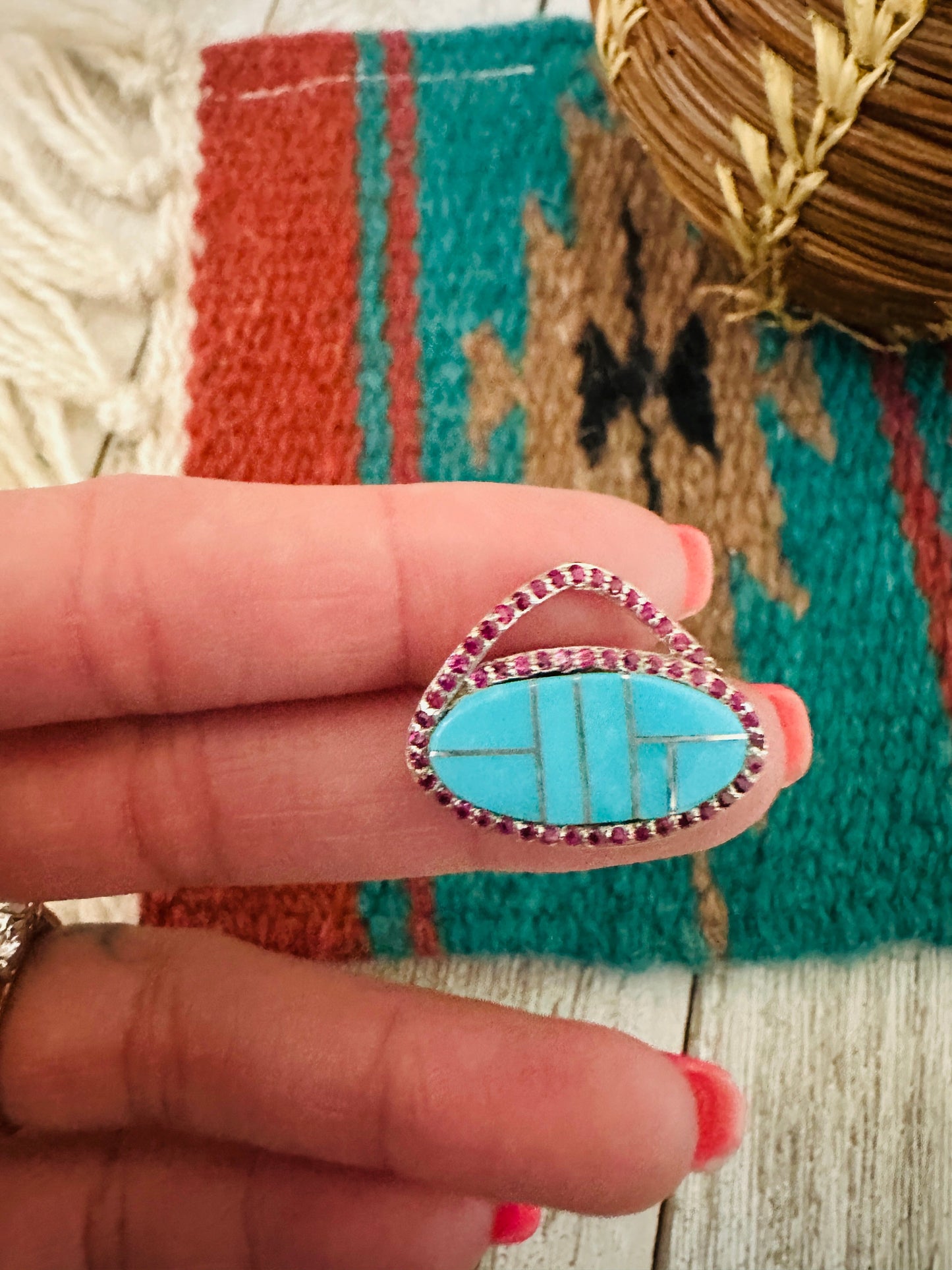 Handcrafted Turquoise, Garnet & Sterling Silver Inlay Pendant