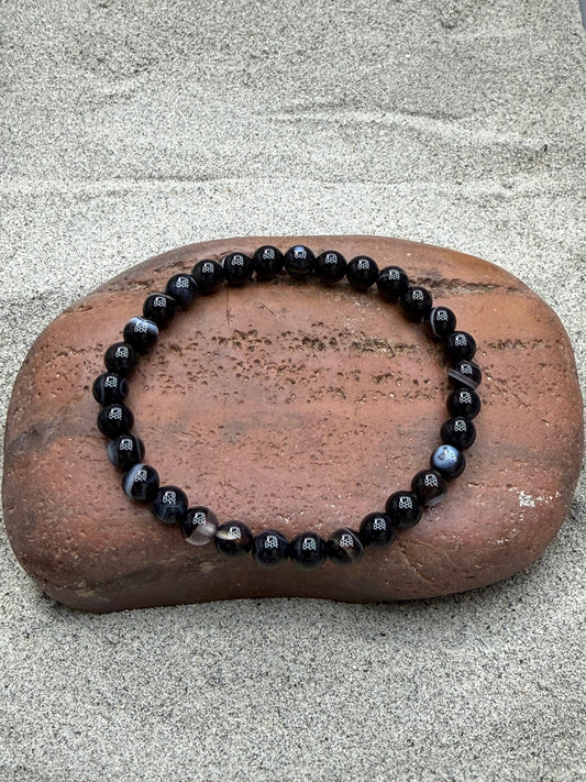 Black Banded Agate 4mm Beaded Stretch Bracelet