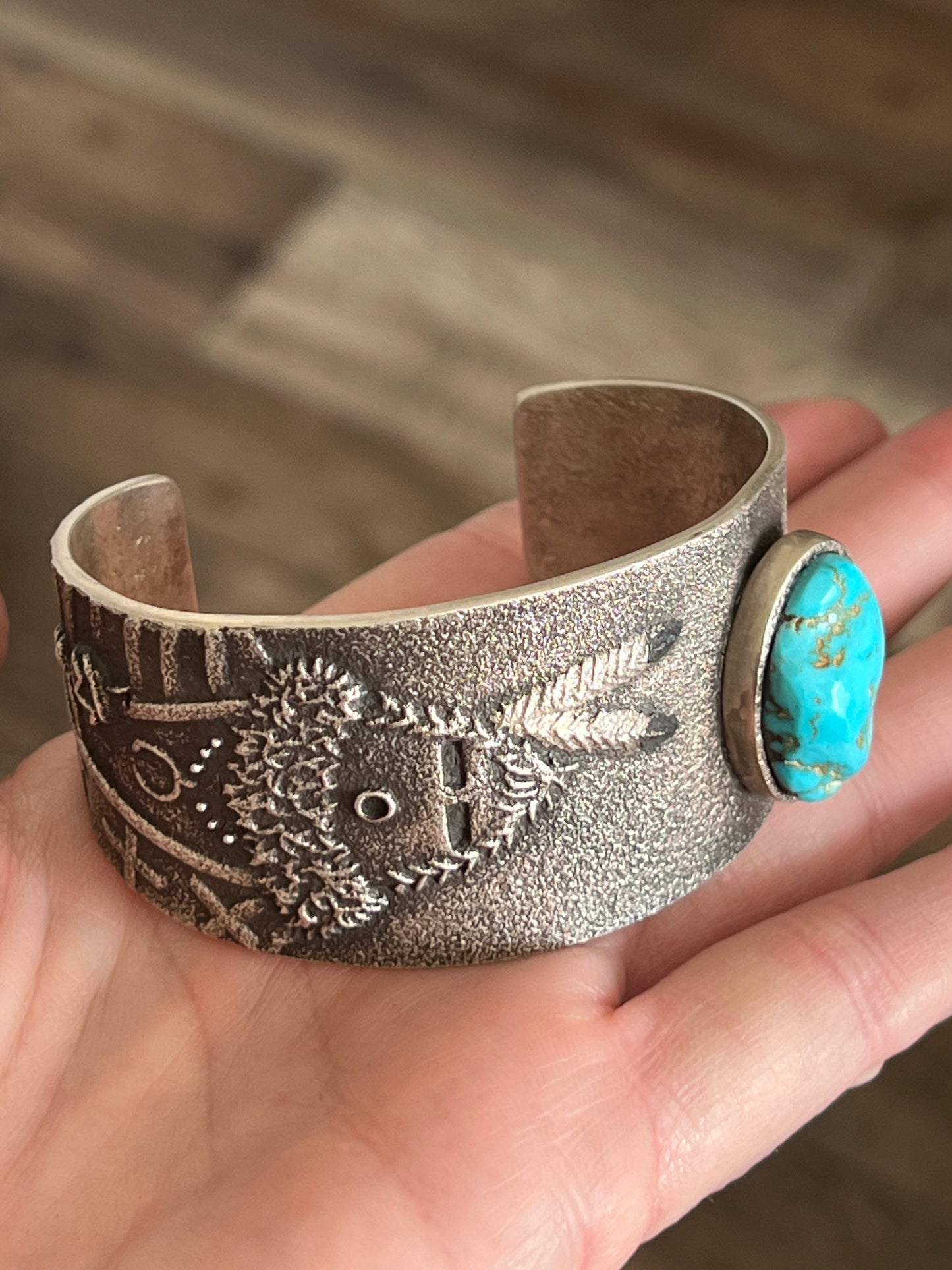 Handcrafted Tufa Cast Sterling Mudhead Cuff Bracelet with Kingman Turquoise by Lee Begay