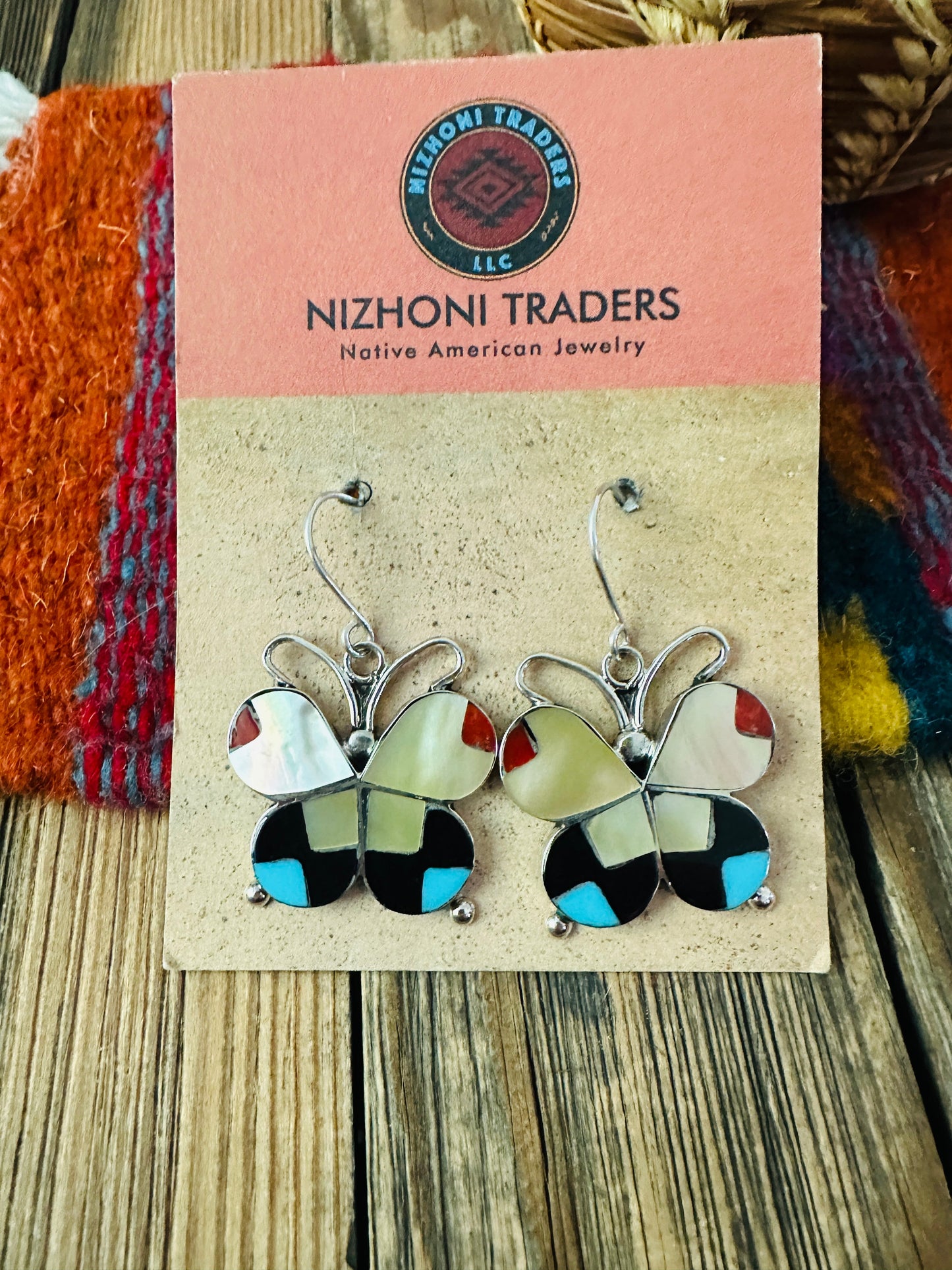 Handcrafted Multi Stone & Sterling Silver Inlay Butterfly Dangle Earrings