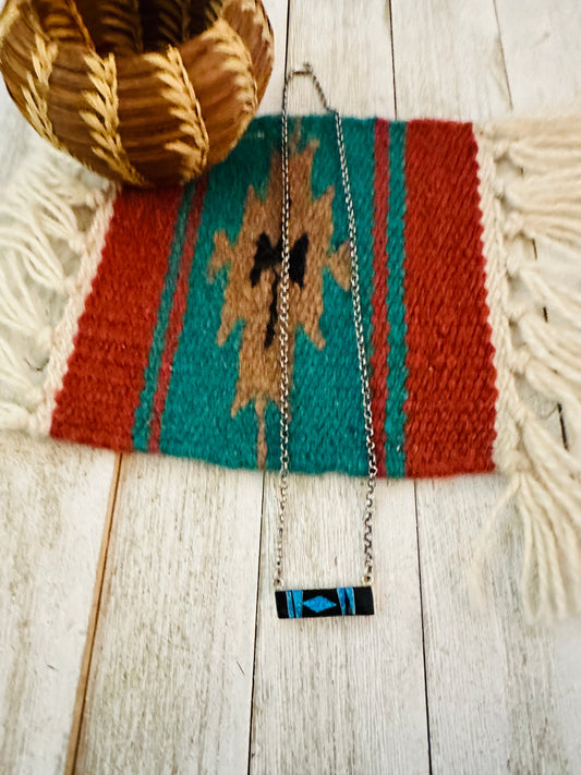Handcrafted Opal, Onyx & Sterling Silver Inlay Bar Necklace