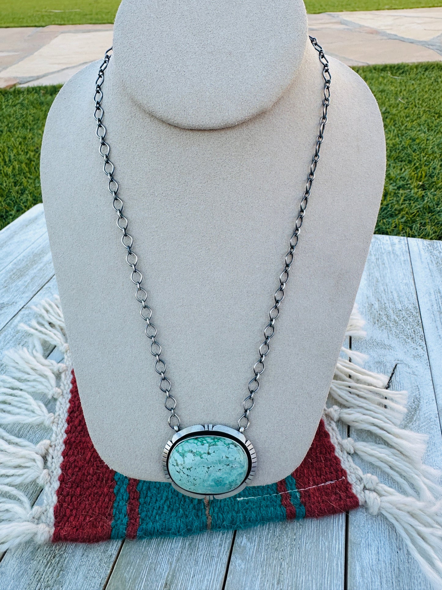 Handcrafted Sterling Silver 18” Link & Turquoise Necklace