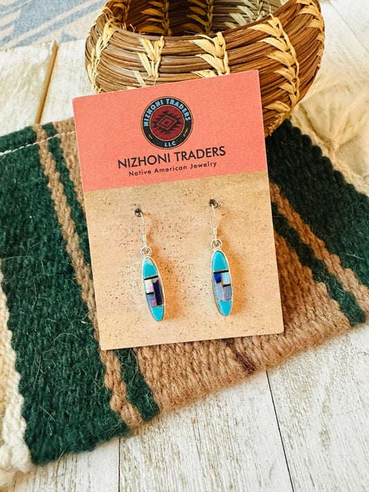 Handcrafted Sterling Silver & Multi Stone Inlay Dangle Earrings