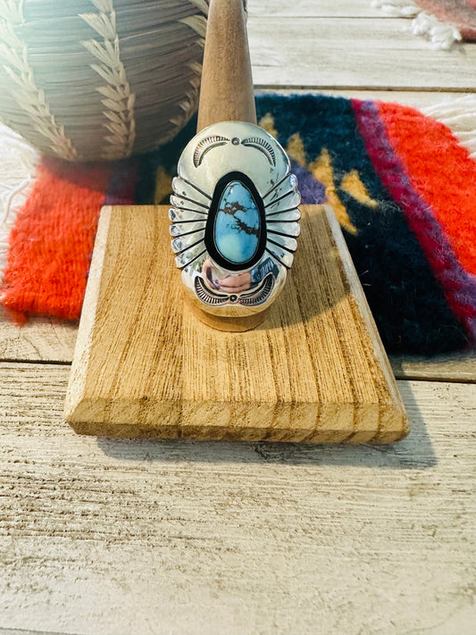 Handcrafted Golden Hills Turquoise & Sterling Silver Shadowbox Ring Size 8.5