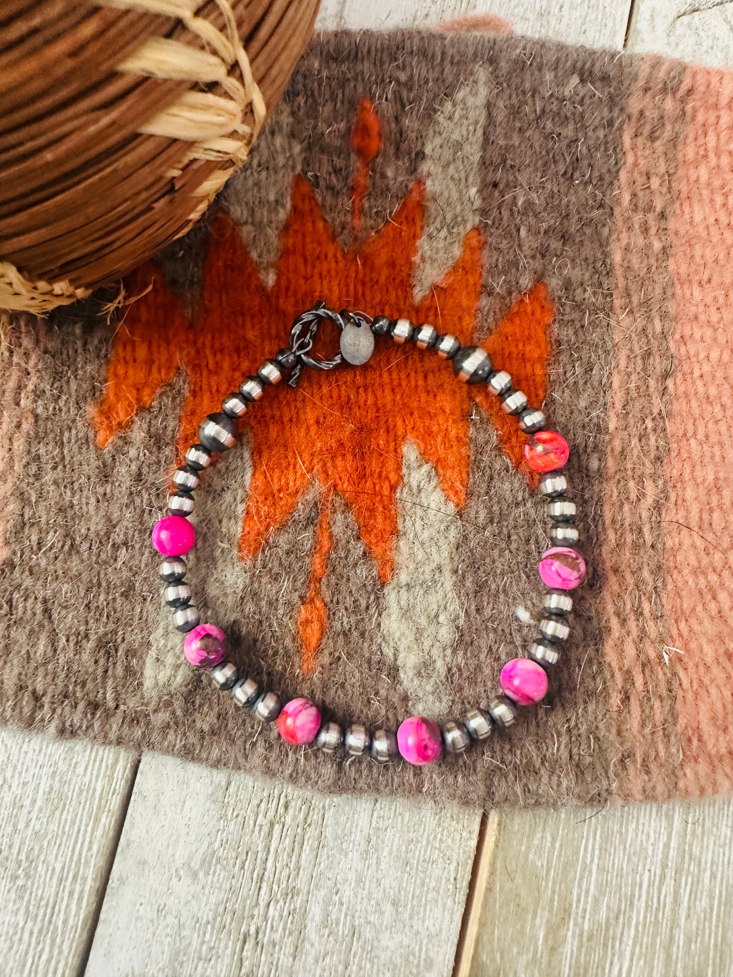 Handcrafted Pink Mojave and Sterling Silver Pearl Beaded Bracelet
