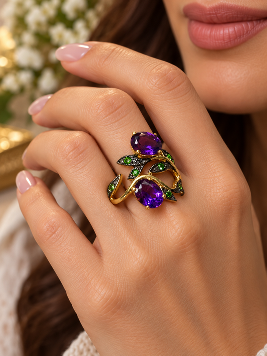 Purple Amethyst & Green Tsavorite 14k Gold Plated Sterling Silver Ring