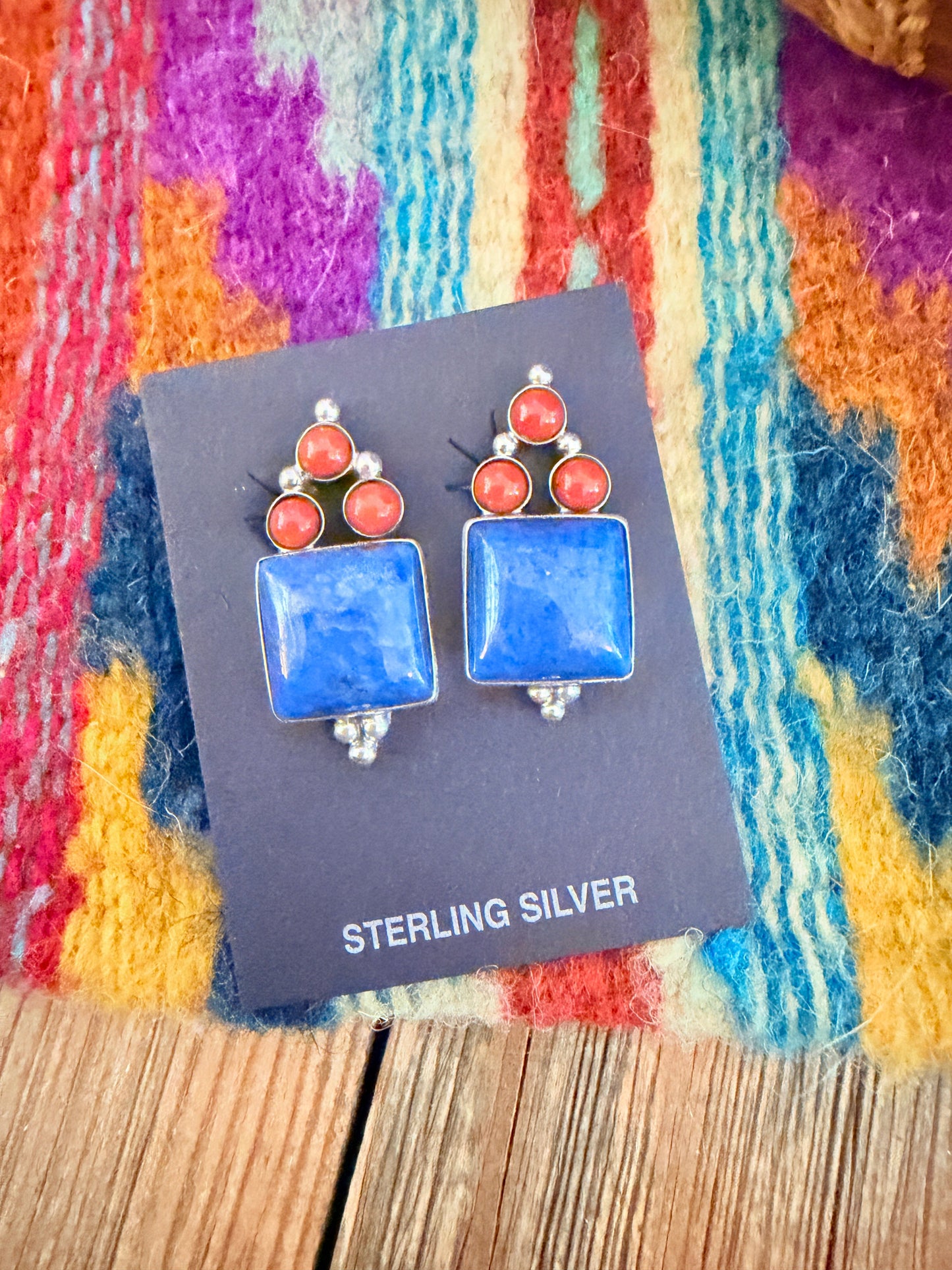 Handcrafted Lapis, Coral & Sterling Silver Clip On Earrings