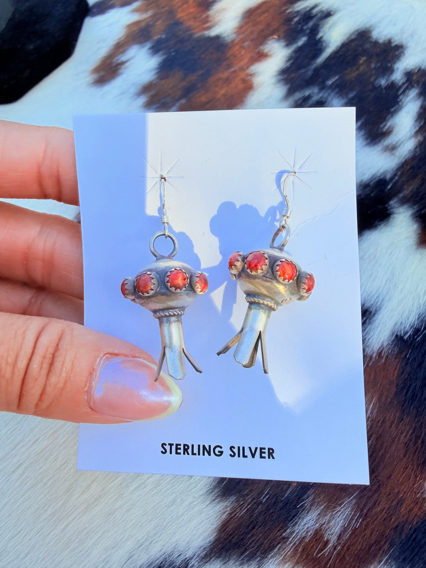 Handcrafted Red Spiny Oyster & Sterling Silver Blossom Dangle Earrings