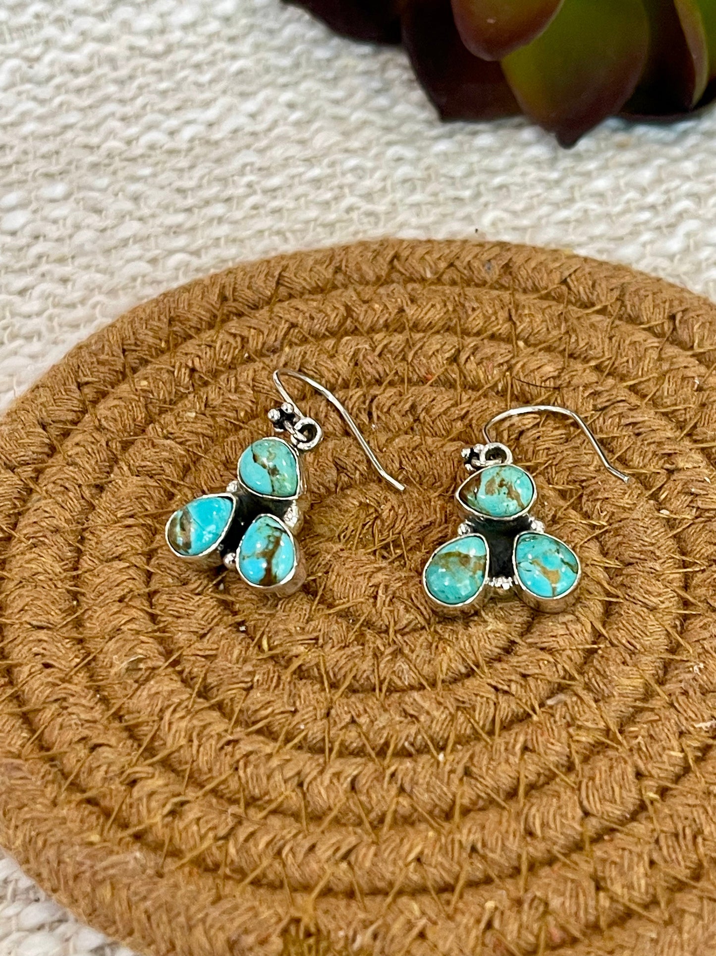 Handmade Sterling Silver Kingman Turquoise Wire Dangle Earrings with Signed Nizhoni