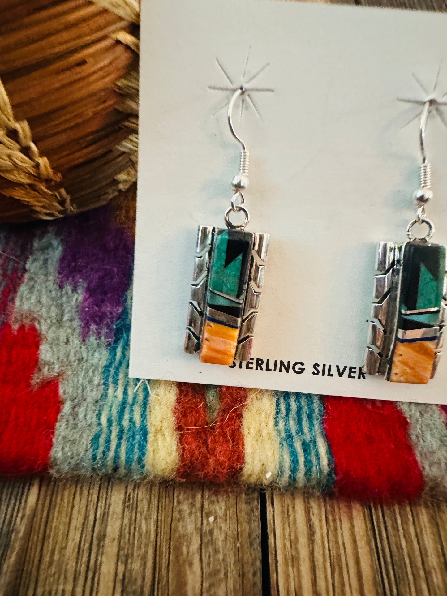 Handcrafted Multi Stone & Sterling Silver Inlay Dangle Earrings