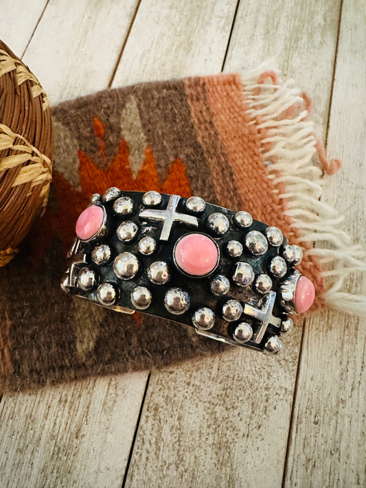 Handcrafted Queen Pink & Sterling Silver Cross Cuff Bracelet By Chimney Butte