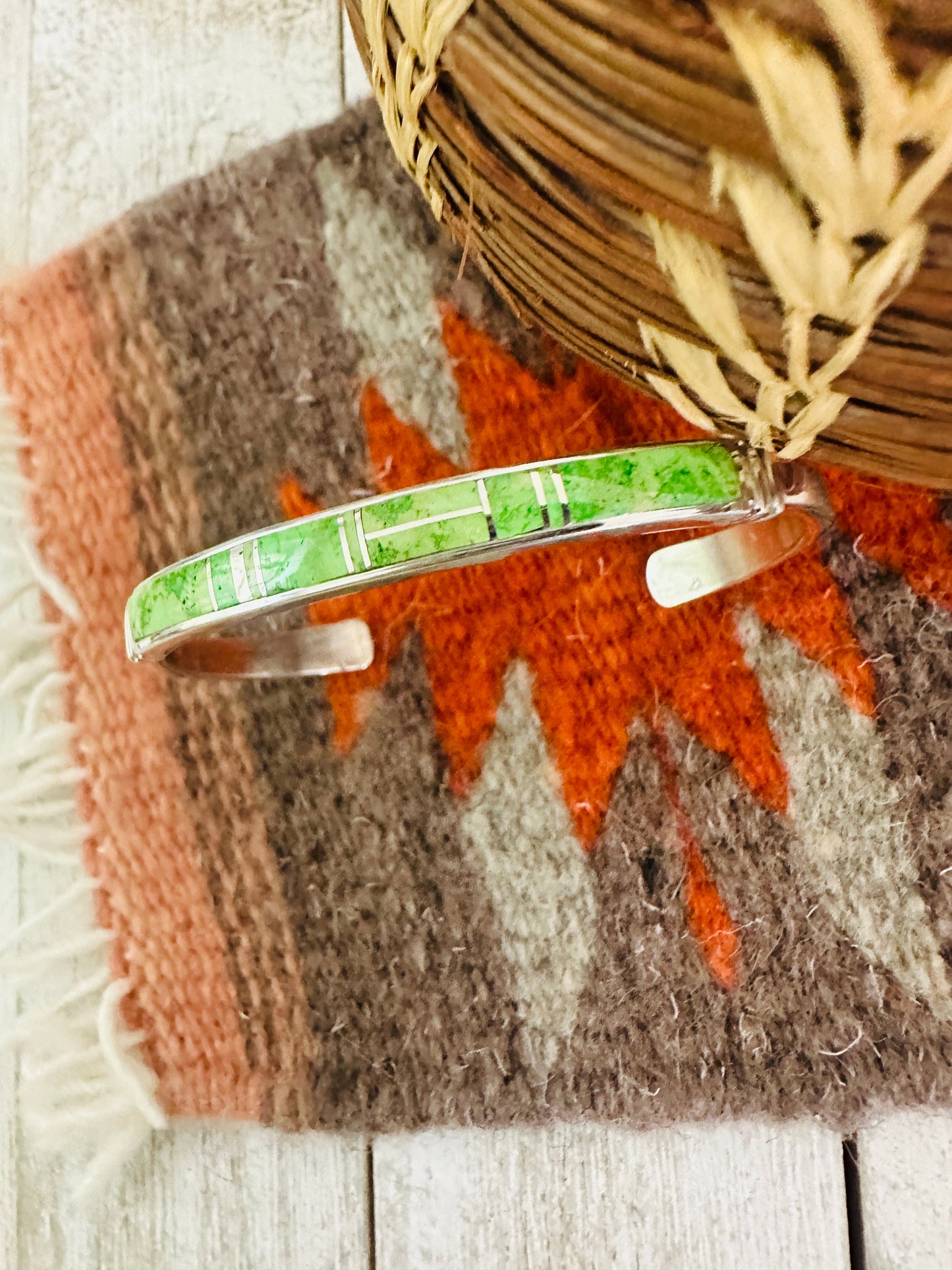 Handcrafted Gaspeite & Sterling Silver Inlay Cuff Bracelet