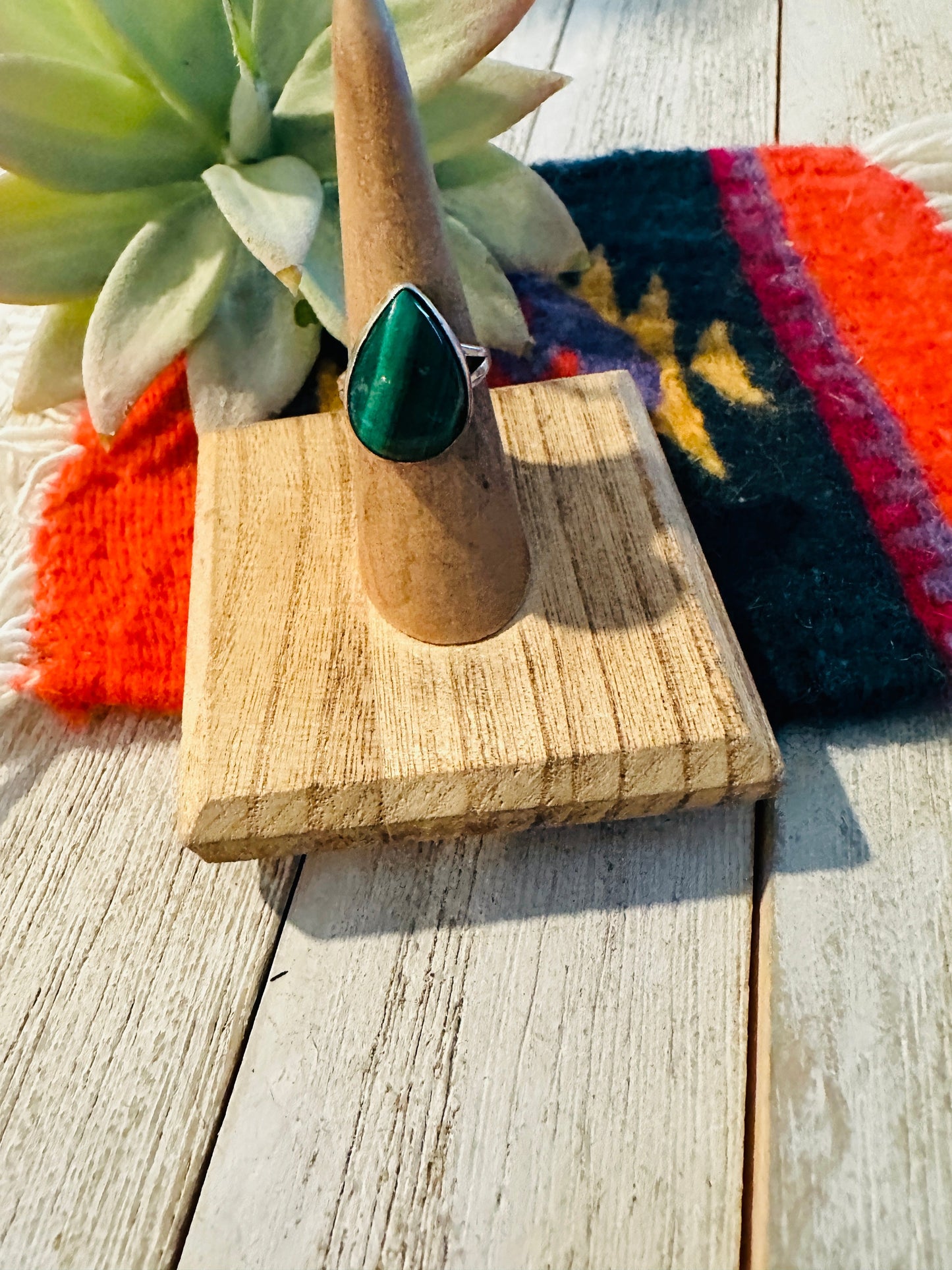 Handcrafted Malachite & Sterling Silver Teardrop Ring