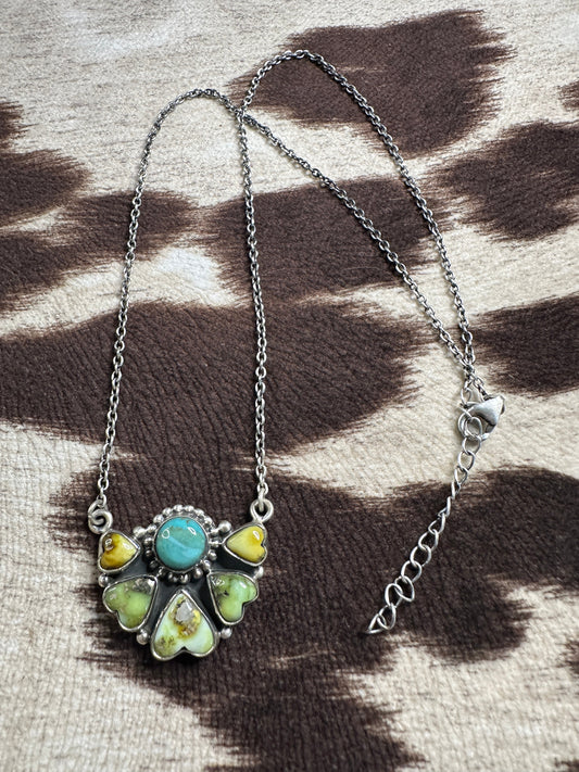 Beautiful Handmade Sterling Silver Kingman Turquoise & Palomino Turquoise Crescent Heart Necklace