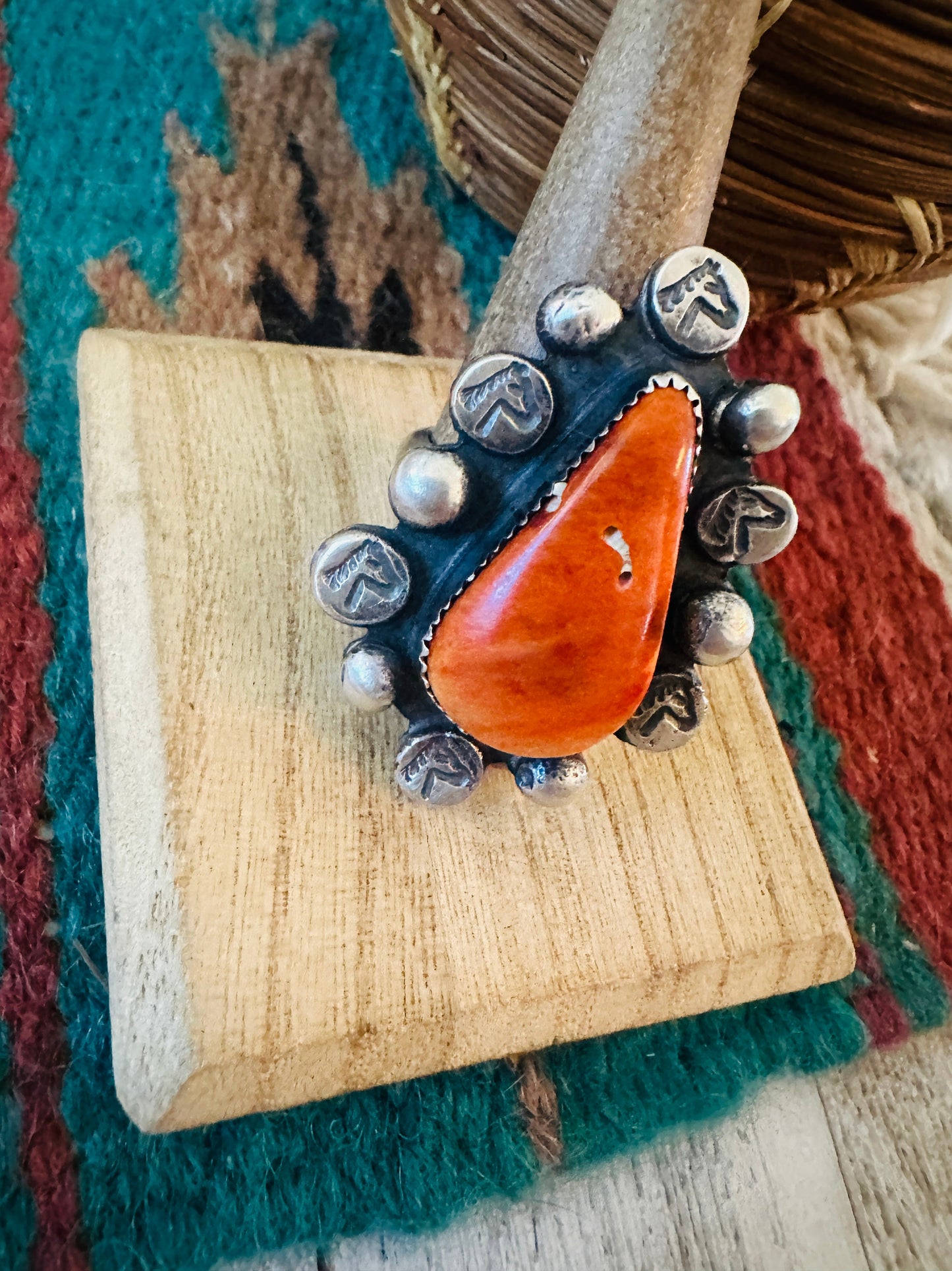 Old Pawn Handcrafted Sterling Silver & Orange Spiny Ring Size 8.5