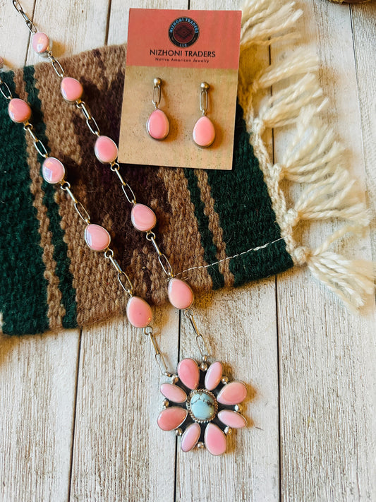 Handcrafted Queen Pink Conch, Turquoise & Sterling Silver Cluster Necklace Set