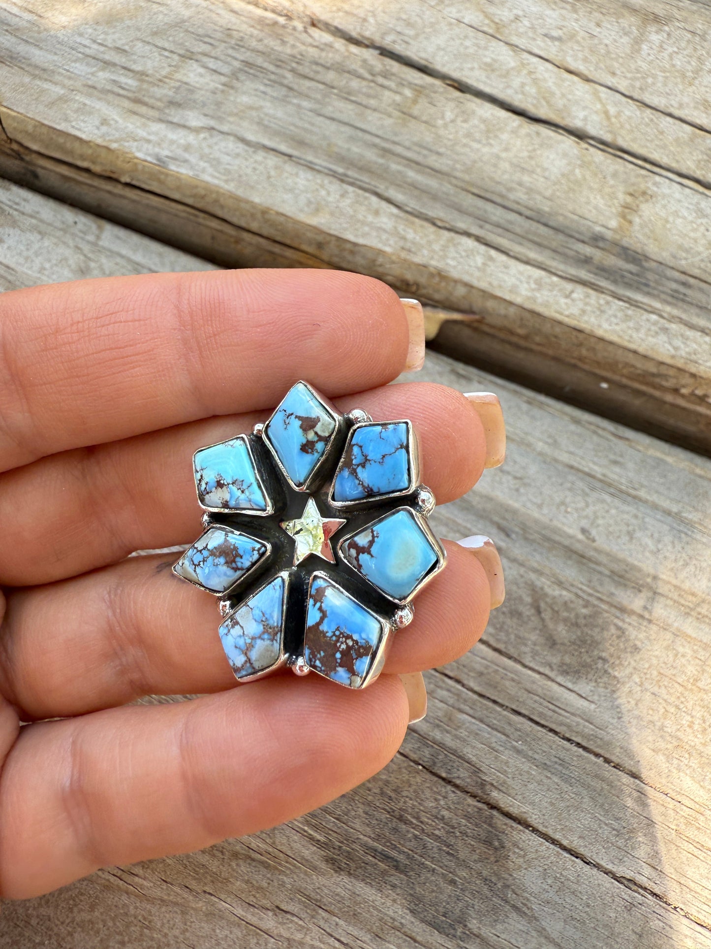 Handmade Golden Hills Turquoise & Sterling Silver Adjustable Star Ring