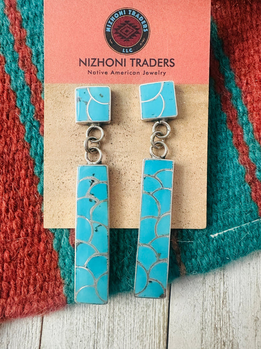 Handcrafted Sterling Silver & Turquoise Inlay Dangle Earrings