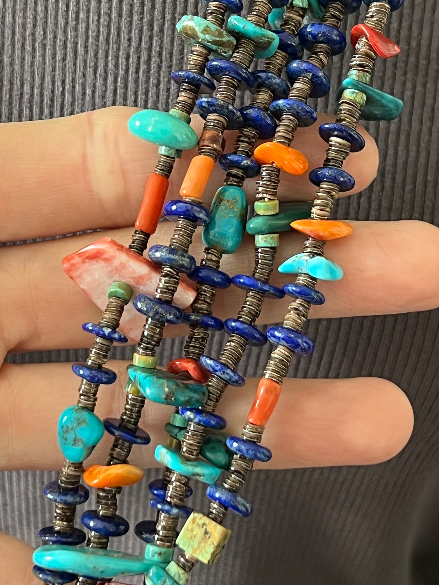Gorgeous Handcrafted Made Five Strand Lapis, Spiny Oyster and Turquoise Beaded Squaw Wrap Necklace with Tabs by Daniel Coriz