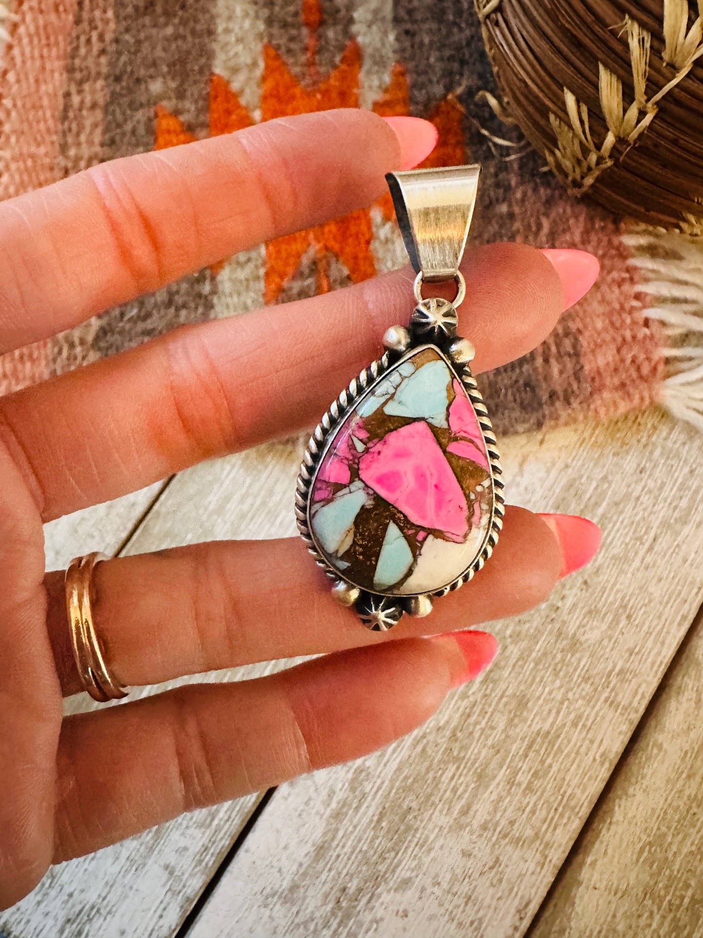 Handcrafted Cotton Candy & Sterling Silver Teardrop Pendant