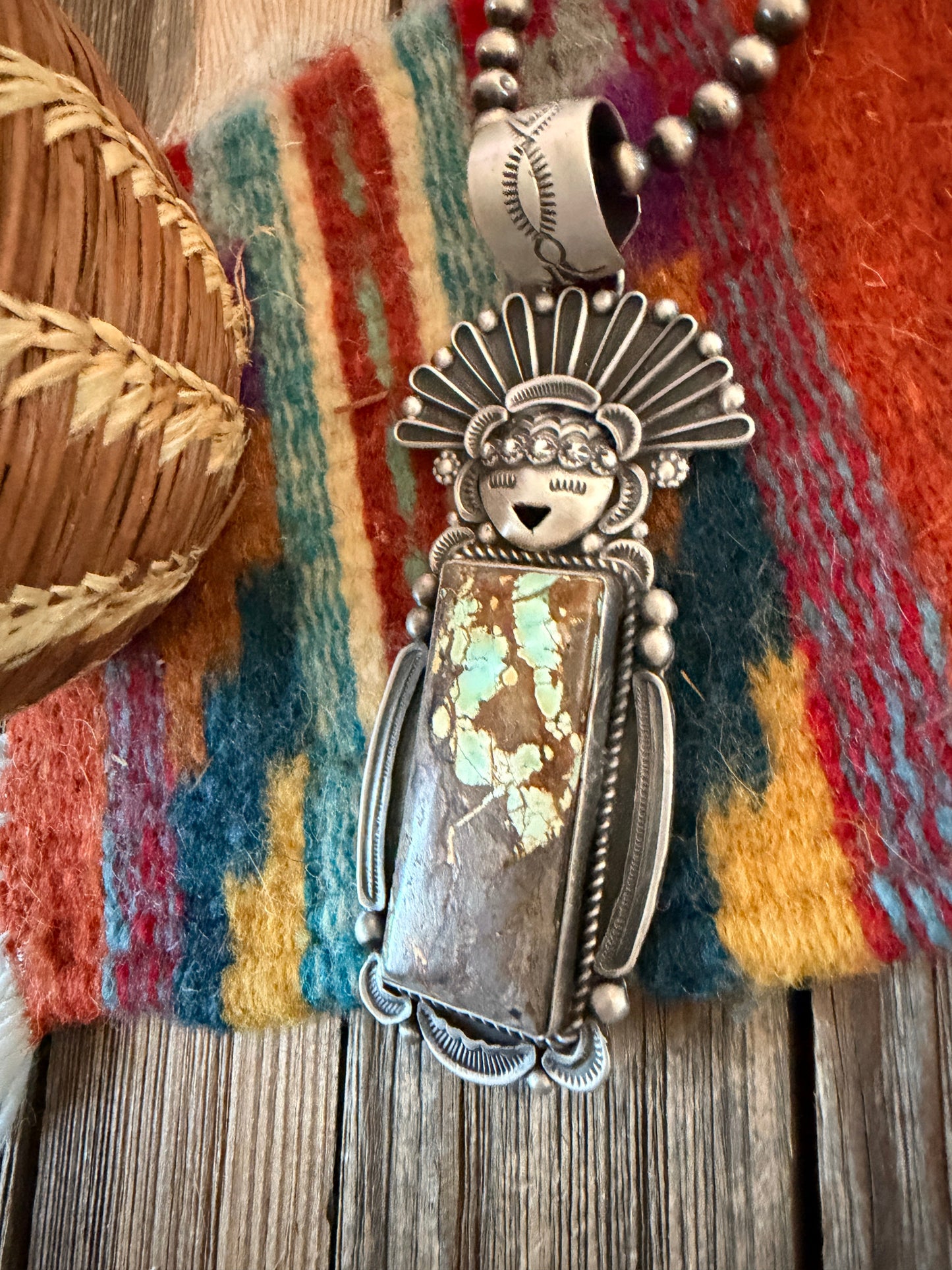 Handcrafted Sterling Silver and Number 8 Turquoise Kachina Pendant by Ronald Tom