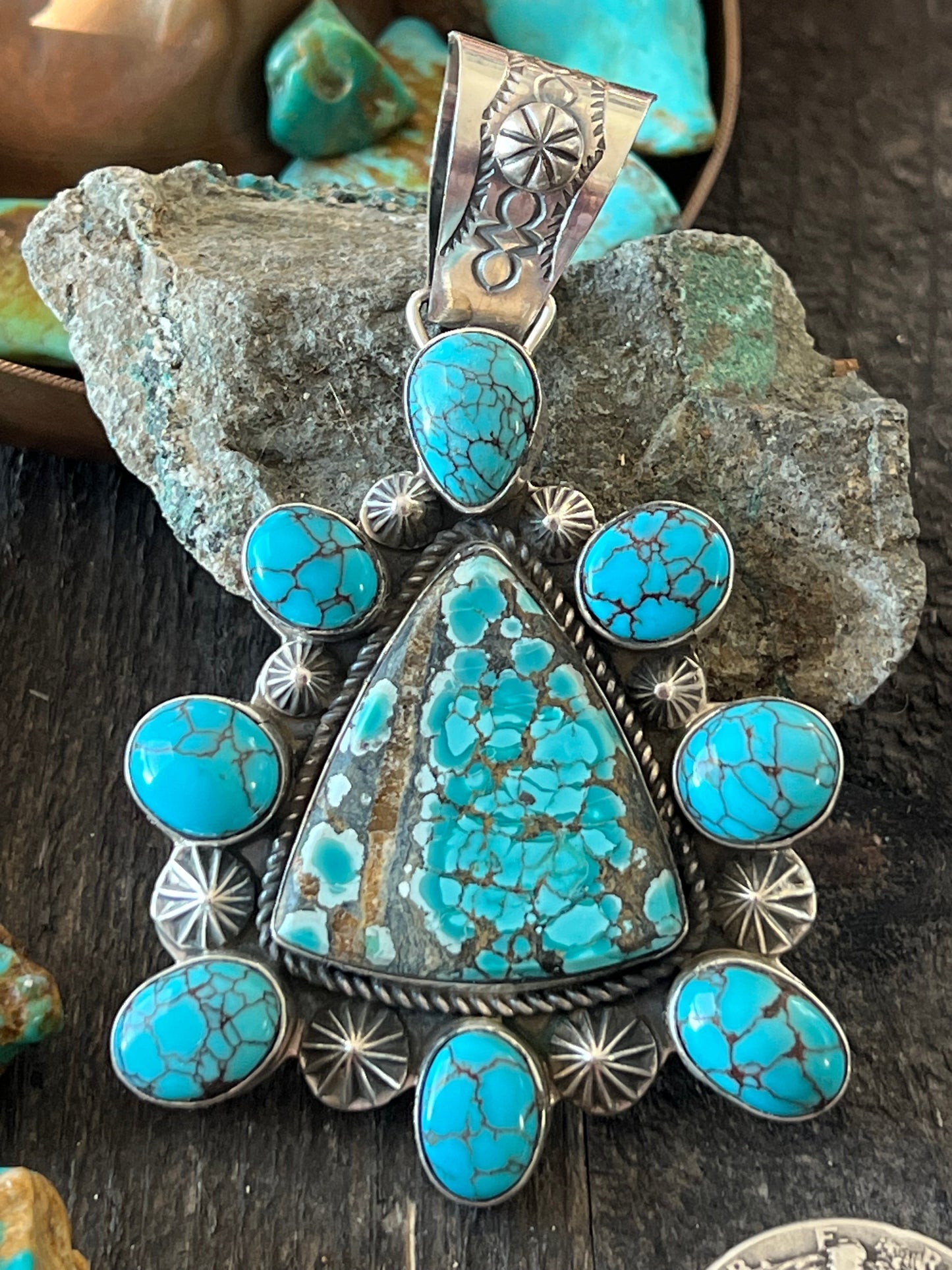 Apache Handmade Sterling Silver and Turquoise Cluster Pendant by Rosella Paxson