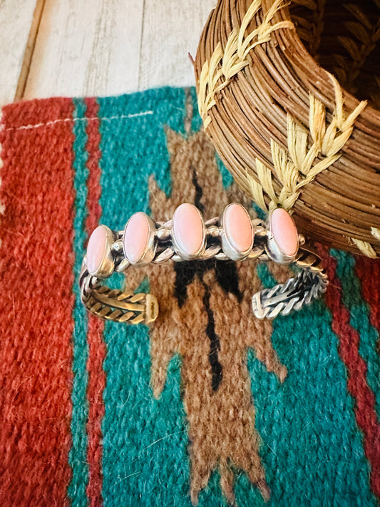 Handcrafted 5 Stone Queen Pink Conch Shell & Sterling Silver Cuff Bracelet