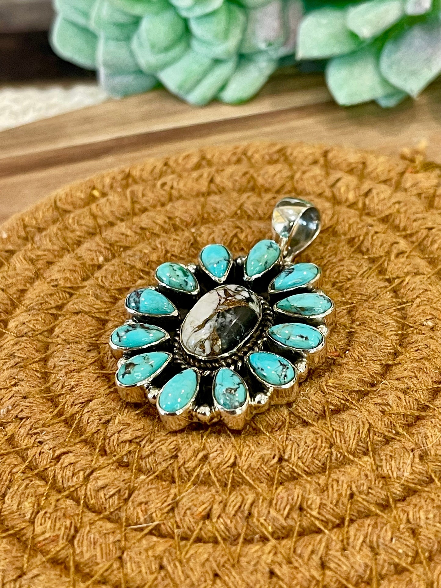 Handmade Sterling Silver,Turquoise &  White Buffalo Mojave Cluster Pendant