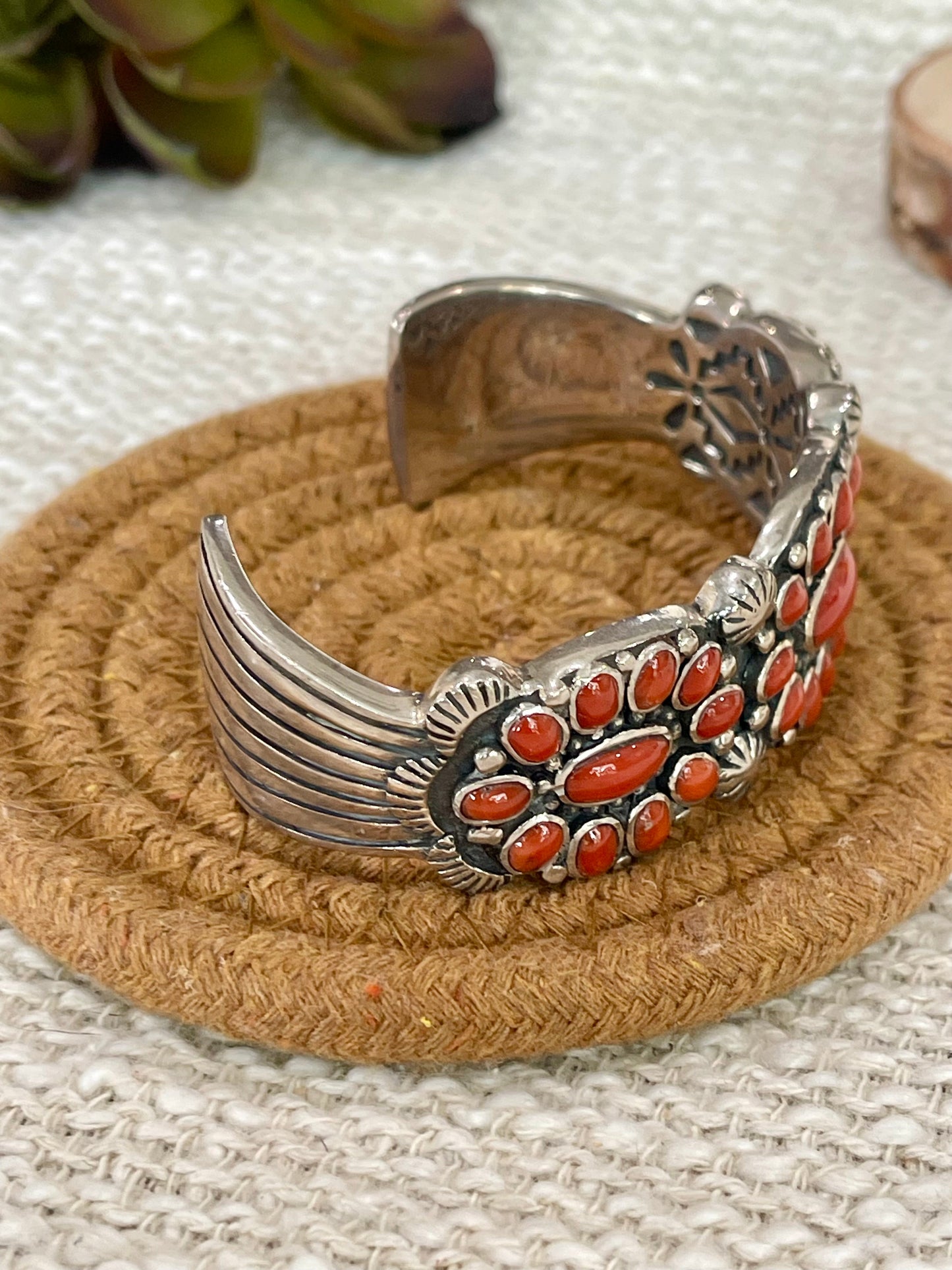 Handmade Coral & Sterling Silver Cluster Cuff Bracelet /