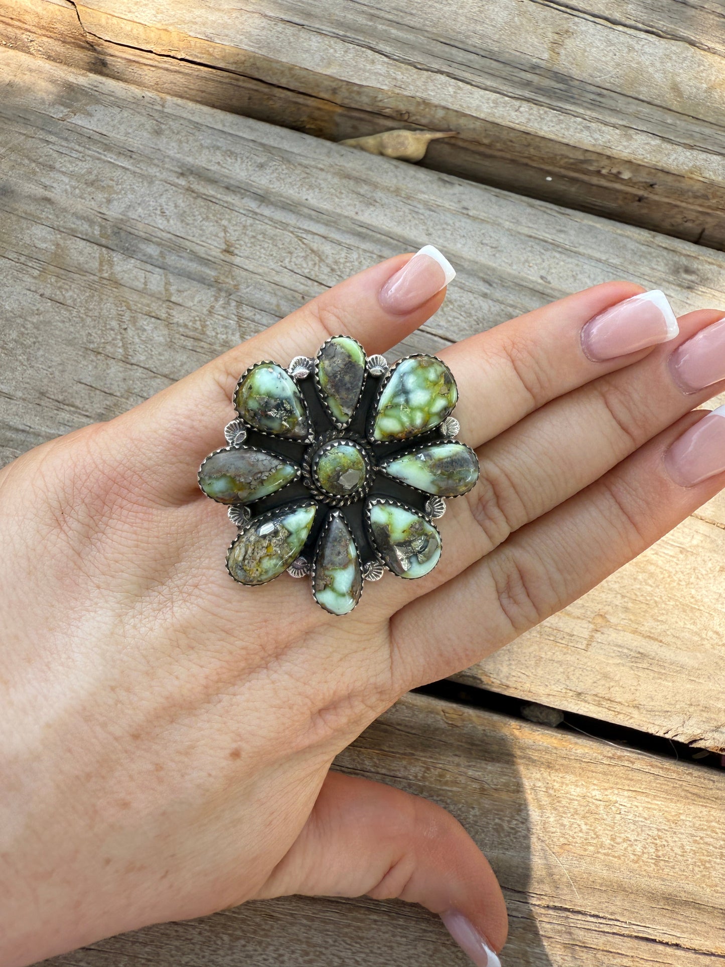 Handmade Palomino Turquoise & Sterling Adjustable Cluster Ring