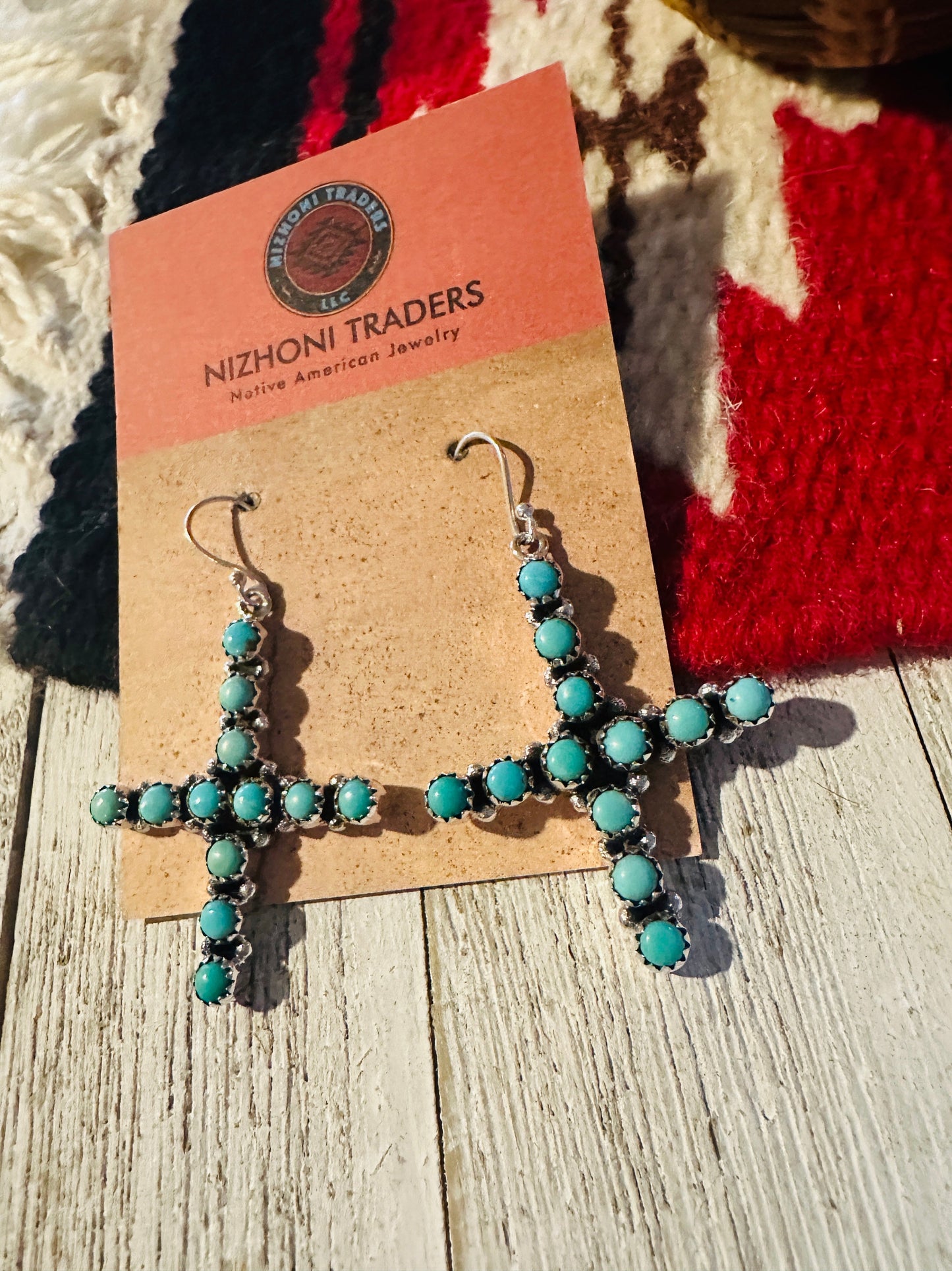 Handmade Turquoise & Sterling Silver Cross Dangle Earrings Signed Nizhoni