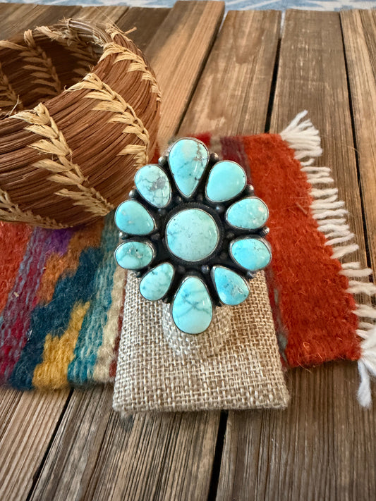 Handcrafted Carico Lake Turquoise & Sterling Silver Cluster Ring Size 8.75 by Sheila Becenti