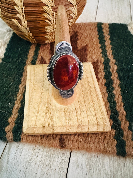 Handcrafted Orange Spiny & Sterling Silver Ring Size 7