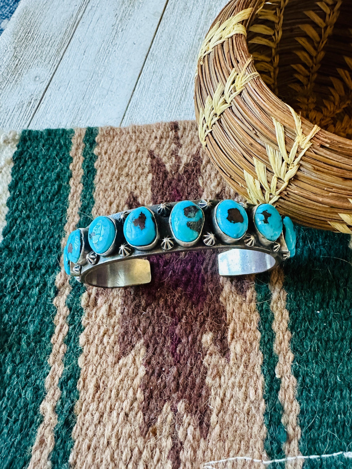 Old Pawn Handcrafted Sterling Silver & Sleeping Beauty Turquoise Cuff Bracelet /