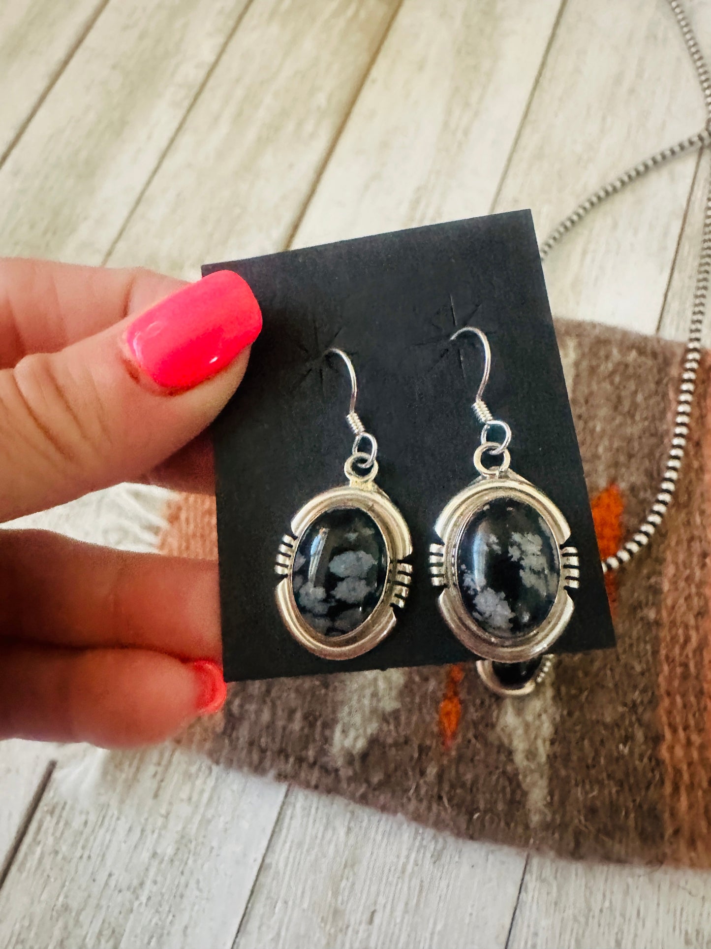 Handcrafted Sterling Silver & Snowflake Obsidian Pendant and Earring Set