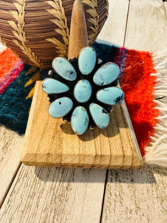 Handcrafted Golden Hills Turquoise & Sterling Silver Cluster Ring by Bobby Johnson, Size 8.75