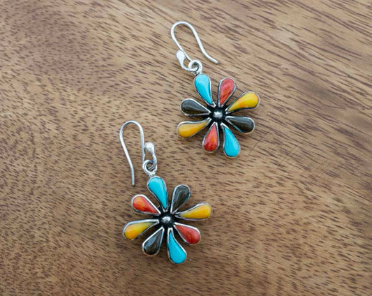 Turquoise Spiny Onyx Daisy Sterling Silver Dangle Earrings