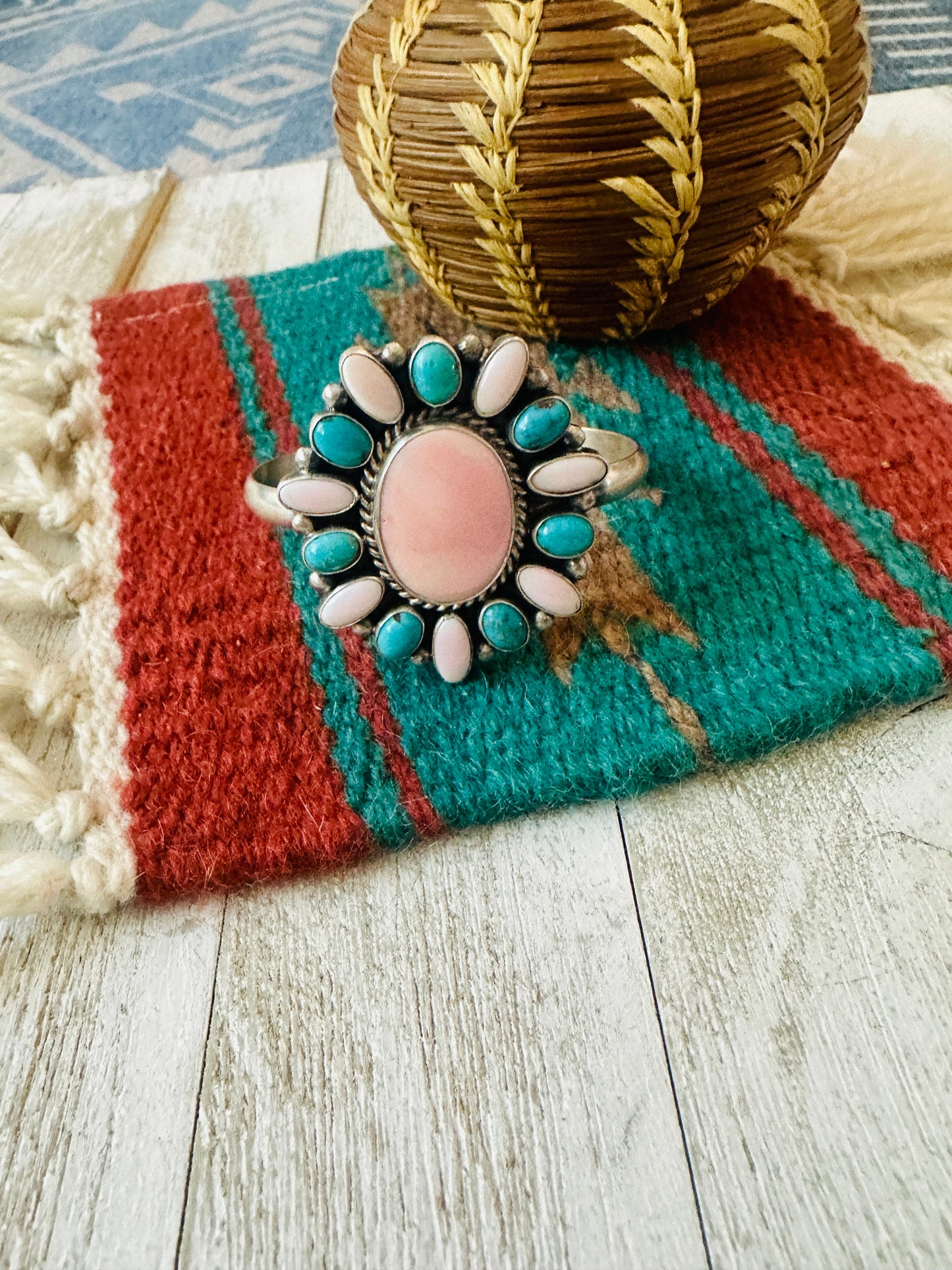 Navajo Queen Pink Conch, Turquoise & Sterling Silver Cluster Cuff Bracelet