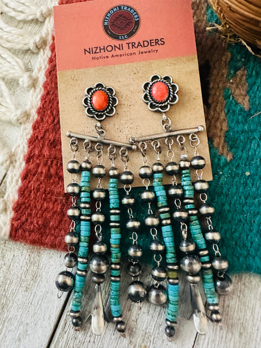 Handcrafted Turquoise, Coral & Sterling Silver Pearl Beaded Tassel Dangle Earrings