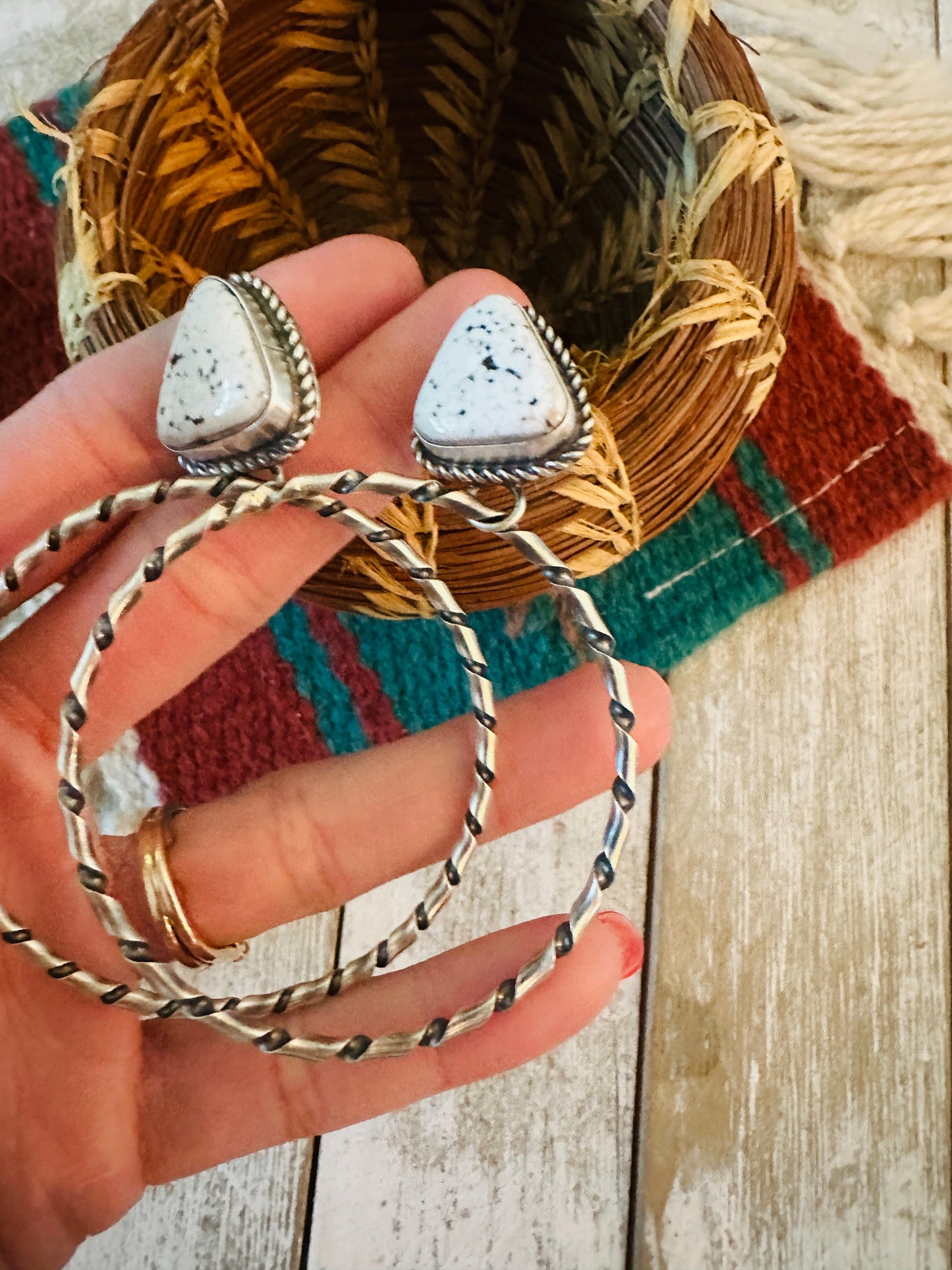 Handcrafted White Buffalo and Sterling Silver Dangle Hoop Earrings